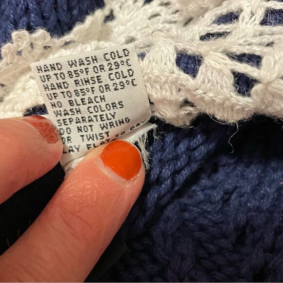 Nuggets Sweater Cable Knit Ivory Crochet Collar Cottage Coastal Blue Size Large - Picture 8 of 8